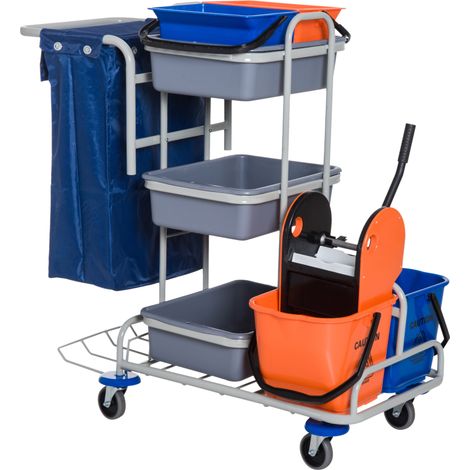 Chariot de nettoyage professionnel multifonctionnel avec 4 seaux, roues et sac en toile, 118 x 73 x 103 cm.