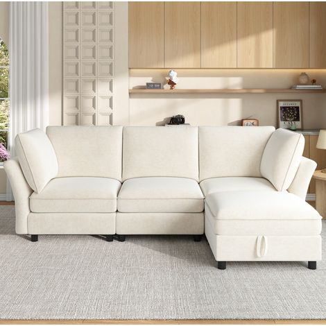 Canapé d'angle modulaire 4 places avec pouf coffre, tissu chenille, beige DESVIAE (1/5)
