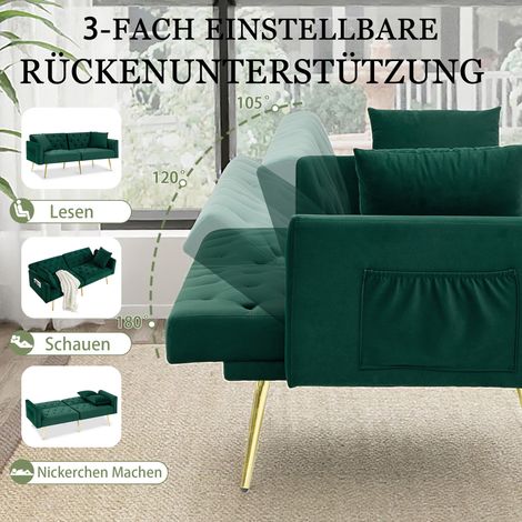 Canapé deux places moderne en velours, dossier réglable en 3 positions, 2 coussins inclus, pieds en métal robustes, doux et confortable pour salon, appartement en location, petit appartement, vert (1/5)