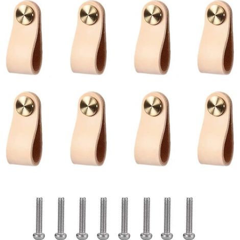 Poignées en cuir, lot de 8 pièces, tirettes pour meubles, placards et tiroirs, poignée de porte d'armoire, finition marron, robuste et élégante. (1/4)