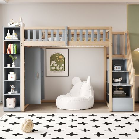 Lit Mezzanine-multifonctionnel-avec-rangements-échelle-sécurité-cases-290x96,5x173-Sans Matelas (1/5)
