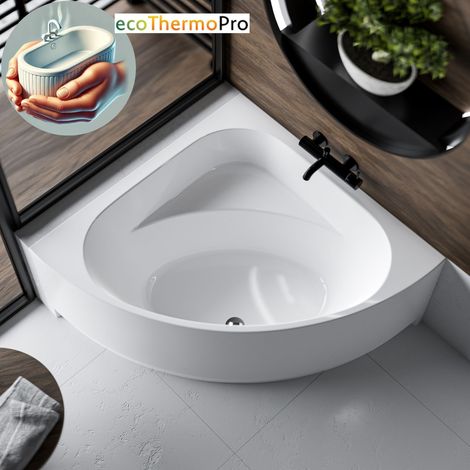 ECOLAM Badewanne Thermobadewanne Dina 140x140 cm Eckbadewanne Komplettset Schürze Wanne mit Isolierung ecoThermoPro Wärmeschutz Acryl Ablaufgarnitur Füße Silikon weiß (1/5)