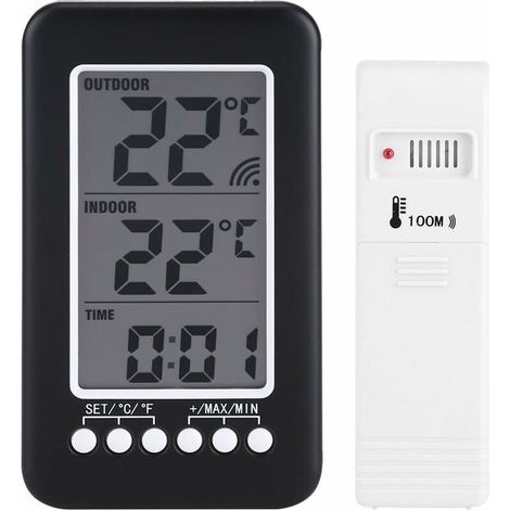 Thermomètre interieur exterieur sans fil avec horloge Numérique station meteo sans fil avec capteur extérieur, black friday 2020 Moniteur de Température Affichage LCD intelligent ° C / ° F (1/5)