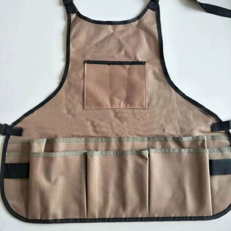 Adjustable khaki gardening apron in  fabric with pockets, waterproof multifunctional work apron, carpenter's apron, (1/3)