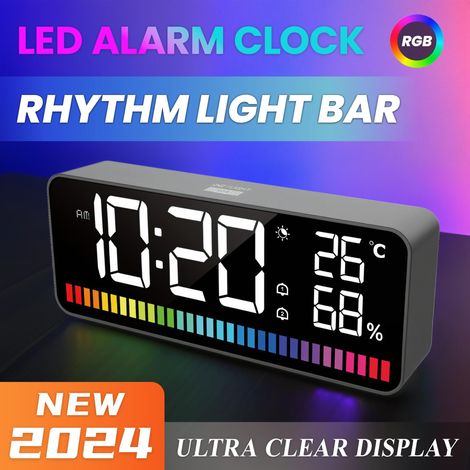 Horloge LED avec bande lumineuse rythmique, équipée de 15 types d'affichage/15 couleurs d'affichage/2 bandes lumineuses de couleur RVB réglables en luminosité, avec batterie au lithium 1200 mAh (1/5)
