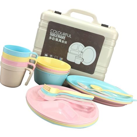 Ensemble de couverts en plastique coloré et portable (tasse, fourchette, cuillère) pour pique-nique et activités de plein air (1/5)