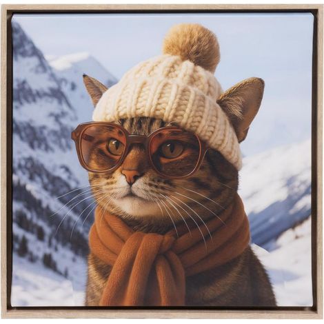 Amadeus - Toile chat au sport d'hiver cadre bois 50x50 cm (1/2)