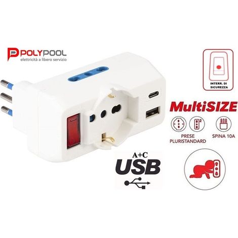 Poly Pool Adattatore Multispina Bianco - 3 Prese Grandi e 2 Porte USB (1/5)