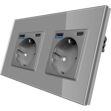 Prise Schuko encastrée avec type C et USB-A, 2 prises, verre gris (1/5)