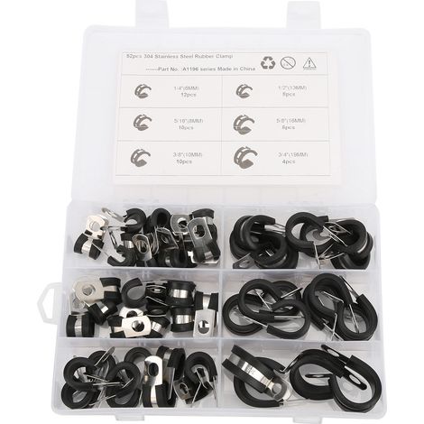 Kit de 52 colliers de serrage universels en acier inoxydable 304 et caoutchouc, pour tuyaux de VTT ou de quad, de 6,35 mm à 19 mm (1/4 po à 3/4 po). (1/5)
