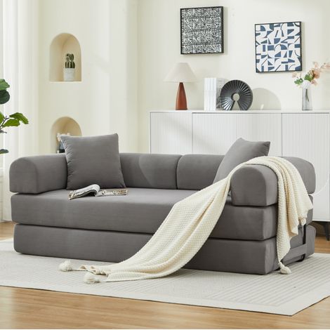 Sofá cama plegable de terciopelo acanalado gris con 2 cojines 200 x 90 x 75 cm (1/5)