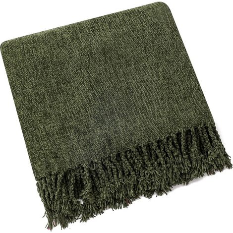 Soft chenille throw, bohemian style, ideal for a sofa, armchair or bed, olive green, 127 x 152 cm