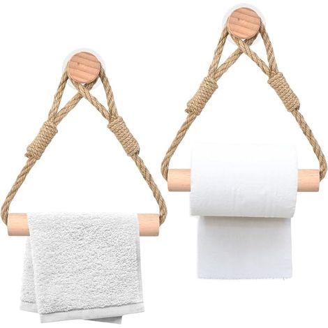 Lot de 2 Porte-Serviettes Vintage en Corde et Bois, Porte Papier Toilette (1/5)