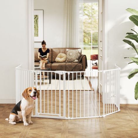 Recinzione per animali domestici, barriera a 6 pannelli con porta, pieghevole, per cani di piccola e media taglia, in plastica e acciaio al carbonio, bianca.
