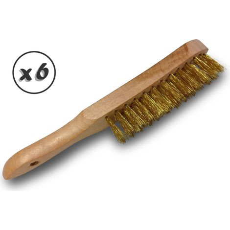 Brosse métallique à main Type soudeur Manche ergonomique bois - Lot de 6 - Acier laitonné souple