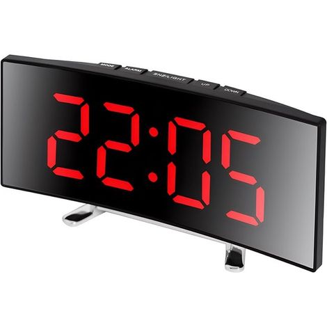 Reloj despertador digital con una gran pantalla LED curva y función de espejo de superficie, para uso doméstico de 12 o 24 horas (rojo). (1/5)