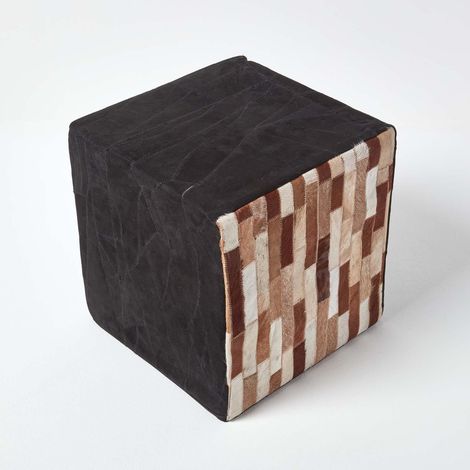 HOMESCAPES Brown and Black Patchwork Cube Pouffe Suede Leather 36 x 36 x 38 cm (1/4)