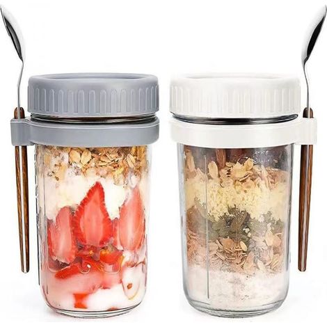 Set mit 2 tragbaren Overnight-Oatmeal-Bechern – 2 Becher + 2 Löffel + Watte + Karton (1/5)