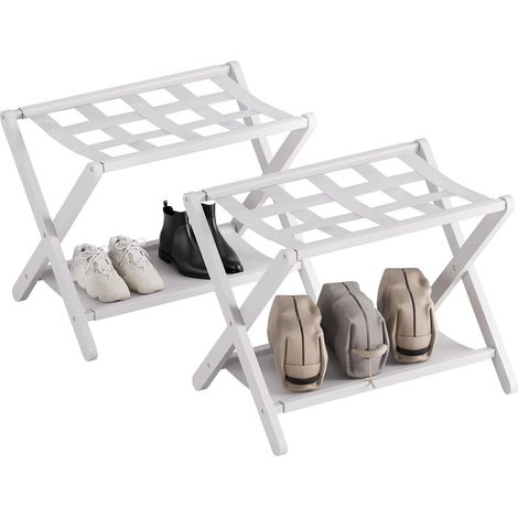 Porte Valise pour Chambre, Lot de 2, Repose Valise Hotel Pliable, Porte Bagage en Bambou, Baggage Stand avec étagère, Montage Facile, Blanc