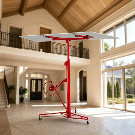 Carro elevador telescópico (124x137x180 cm), altura ajustable, ángulo de 60°, 3 ruedas bloqueables, acero rojo (1/5)