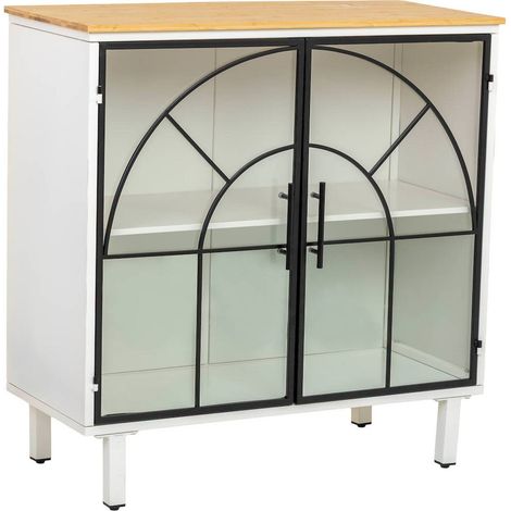 Buffet industriel blanc en verre et bois avec deux portes - Blanc bois clair et noir (1/5)