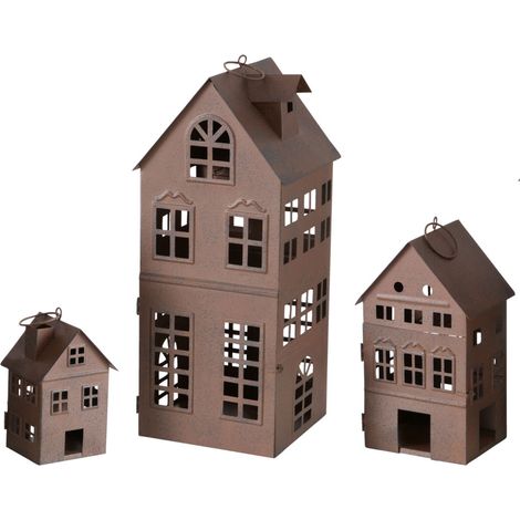 3er Set Laterne in Hausform zum Aufhängen 35 / 21 / 13 cm - Edel Rost - Deko Lampion Außen Innen - Kerzenhalter Windlicht Haus Antik Design dunkelbraun