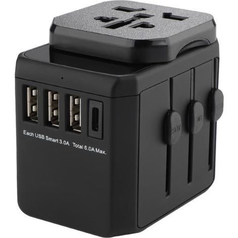 Adaptador de viaje MicroConnect, 3 puertos USB-A, 1 puerto USB-C, enchufe universal europeo, MC-TRAVELADAPTER3