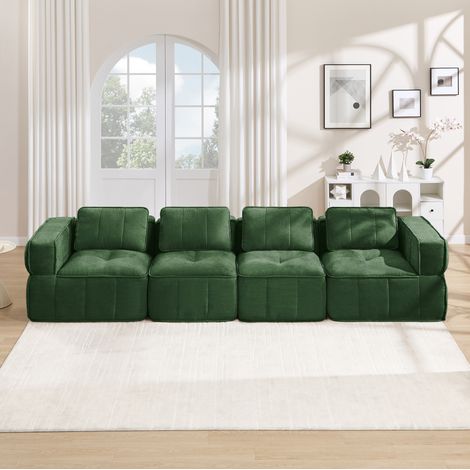 Canapé droit modulable 4 places, en tissu, mousse haute densité 32D, assise profonde, sans structure, vert, 344x93x67 cm (1/5)