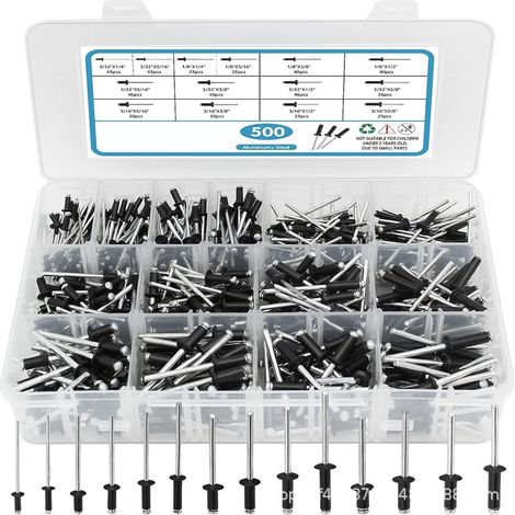 Assortimento di rivetti ciechi da 500 pezzi in nero, 14 misure di rivetti in alluminio (3/32", 1/8", 5/32", 3/16"), set di rivetti ciechi per metallo con divisore rinforzato e custodia etichettata (1/4)
