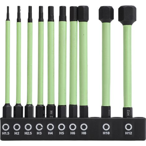 Clé hexagonale foret S2 en acier, utilisation longue durée, tournevis pneumatique vert antirouille magnétique puissant 10 pièces