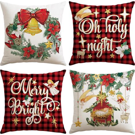 Fundas de cojín decorativas navideñas, Noche Santa, Feliz Navidad (4 piezas, 45 x 45 cm), diseño de corona de Jesús, estampado a cuadros, para sofá y sillón. (1/5)