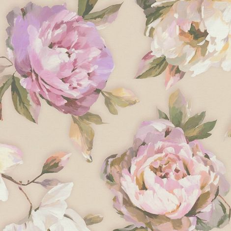 Carta da parati floreale Profhome 396081 Carta da parati TNT goffrata a caldo leggermente strutturata con ornamenti floreali opaca viola rosa-fucsia verde beige 5,33 m2