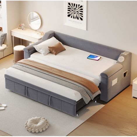 Divano letto imbottito grigio in velluto 90x190/180x190 cm con Bluetooth, USB, vani portaoggetti e rete a doghe (1/5)