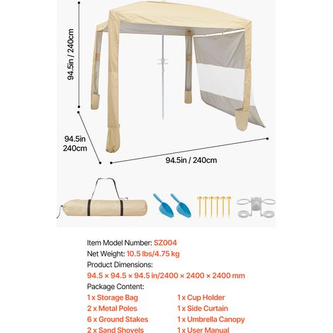 VEVOR Beach Cabana, 8 x 8 ft Beach Canopy with Side Wall, UPF 50+ Protection Easy Setup Cabana Tent with Sand Pockets, Adjustable Height Portable Shade Sun Shelter Umbrella for Family & Friends, Khaki (1/4)