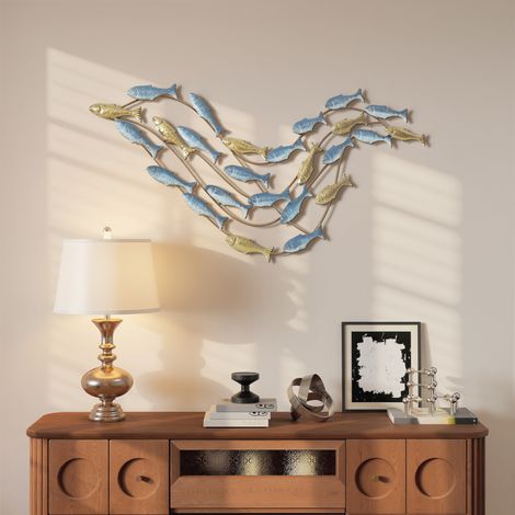 Décoration murale en métal moderne. sculpture murale en métal avec motif de poisson unique. 100 x 50 cm. bleu clair