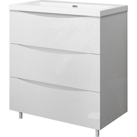 Meuble de salle de bain 80 cm, 3 tiroirs, MDF brilliant blanc, avec vasque + pieds (1/5)