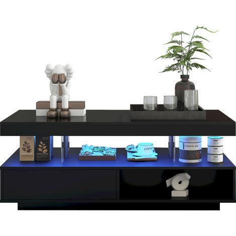 Table basse noire brillante 95x50x42,5 cm avec 4 plateaux en verre, 2 tiroirs et 2 niches ouvertes, meuble bas pour salon (1/5)