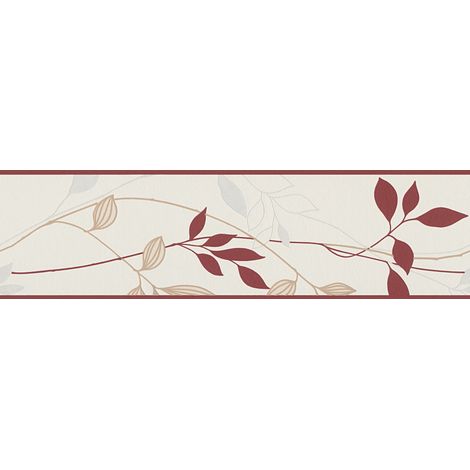 Frise murale fleurie idéale cuisine & chambre | Frise papier peint fleuri pour salon | Frise tapisserie motif feuille gris & rouge - 5,00 x 0,17 m