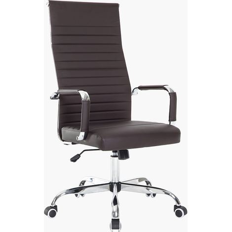 Sedia da Ufficio in Simil Pelle Marrone Poltrona Scrivania Girevole Base Cromata