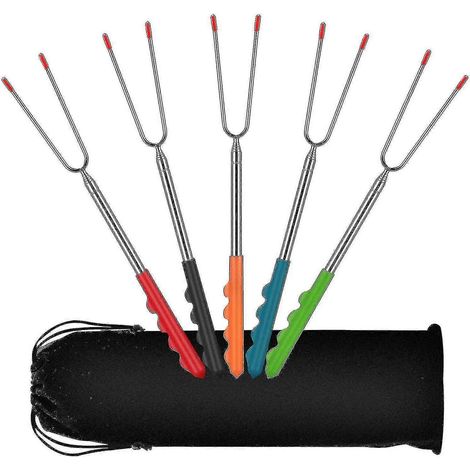 Lot de 5 brochettes en acier inoxydable de 32 cm et 115 cm, idéales pour barbecue et feu de camp. Elles sont fournies avec un manche en caoutchouc et un sac de transport. (1/3)