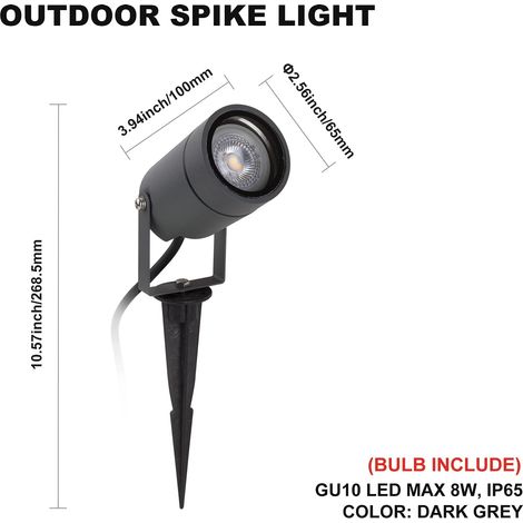 Spot Extérieur LED avec Piquet 1 Pack Spot Jardin GU10 IP65 avec Boîte de Dérivation Etanche IP68 Blanc Chaud 3000k Lampe pour Jardin Chemin Arbustes Plantes Pelouse, Aluminium, Gris Foncé [Classe éne (1/4)