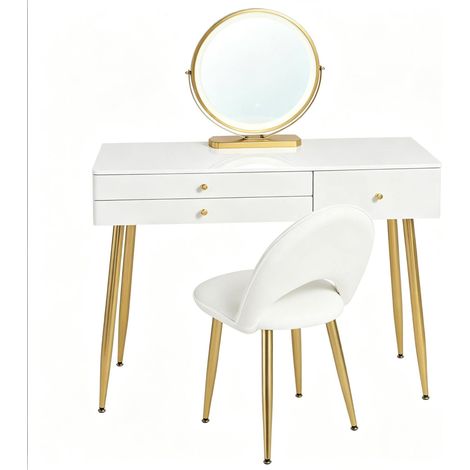 Coiffeuse avec miroir LED réglable, 3 tiroirs et chaise velours blanc et doré (1/5)