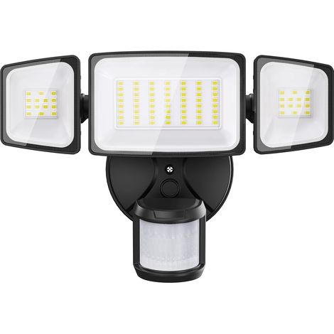 42W Projecteur LED Détecteur de Movement, IP65 Etanche Spot Lampe 3 Tête, 6500 K Blanc Froid Éclairage de Sécurité Extérieur PIR pour Jardin, Cour, Entrée, Terrace (1/5)