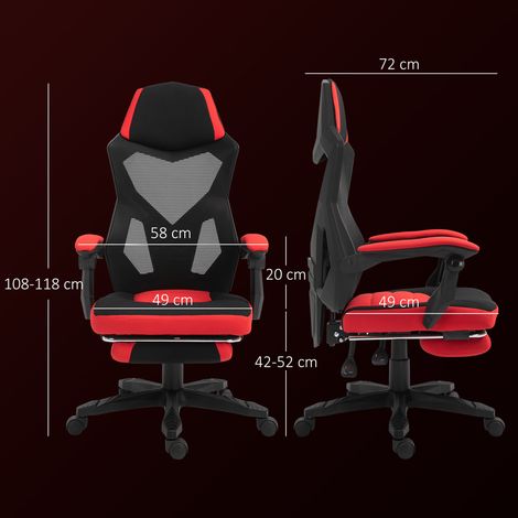 Chaise de bureau ergonomique, chaise gaming, chaise pivotante avec repose-pieds, chaise PC, chaise de direction, réglable en hauteur, polyester, noir et rouge, 58 x 63 x 112-122 cm (1/5)