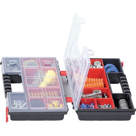Caja de herramientas, Kistenberg, modelo NORB DUO 30 ROJO KNOS302010B, ideal para piezas pequeñas, con 8 compartimentos ajustables, tapa transparente y asa ergonómica