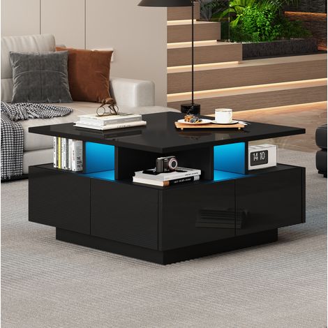 MODFU – Tavolino LED 70x70x40 cm in pannelli con 4 cassetti, vano a 3 livelli, app, portata 30 kg e 2 colli – Nero lucido (1/5)