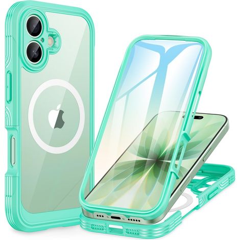 Magnétique Coque iPhone 17 [Compatible avec MagSafe] intégré 9H Verre Trempé Protection écran et Protection Caméra, 360° Antichoc Téléphone Housse Double Face Case Intégrale Etui - Vert (1/5)