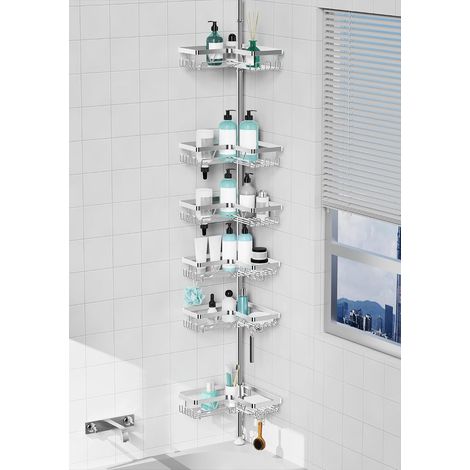 Etagere Douche Telescopique - Etagere Salle de Bain Acier Inoxydable Avec 6 Plateaux, Étagère Douche Reglable Hauteur(63,5-290cm), Convient Pour les salles de Bains ou les Cuisines, Argenté (1/5)