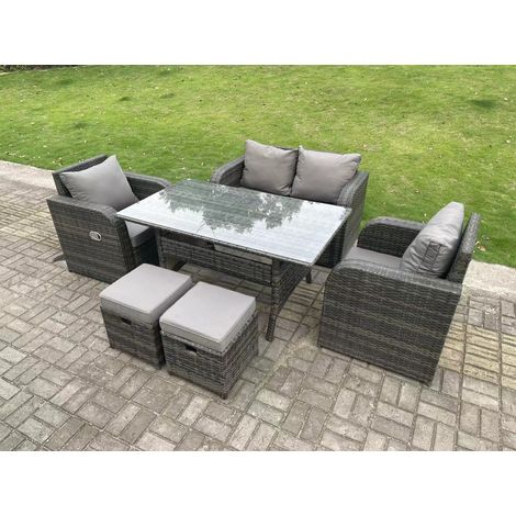 Fimous Gris foncé Ensemble de meubles de jardin en rotin  canapé deux places Fauteuil Inclinable Table à manger rectangulaire Tabourets 6 places (1/5)