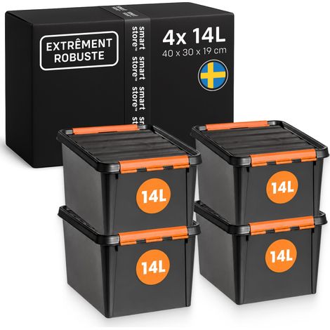 Boîte de rangement plastique avec couvercle 14 litres Garage, étagères, déménagement Lot de 4 boîtes empilables à clip Rangement d'outils Sans BPA 40 x 30 x 19 cm (1/5)